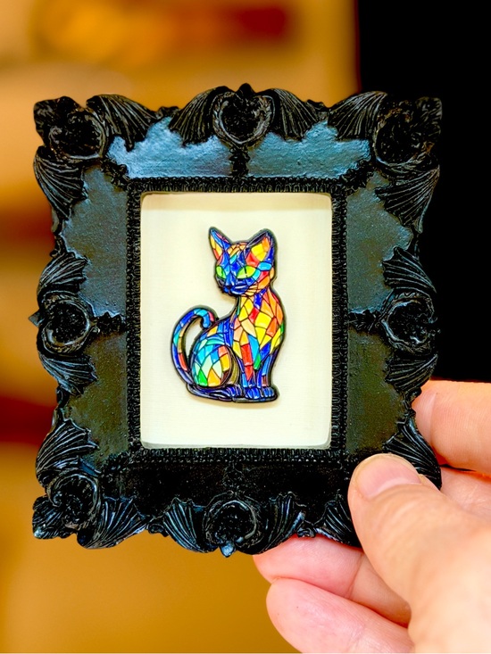 Hand Crafted Other - Colorful Mosaic Cat Framed Mini Art Gothic Black Frame Decor